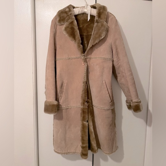 Long Tan Shearling Leather Jacket - Picture 3 of 12